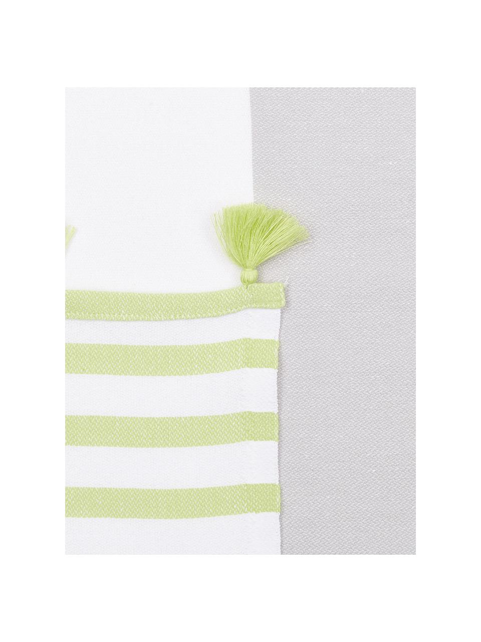 Fouta à rayures et houppes Pytris, Vert, gris, blanc