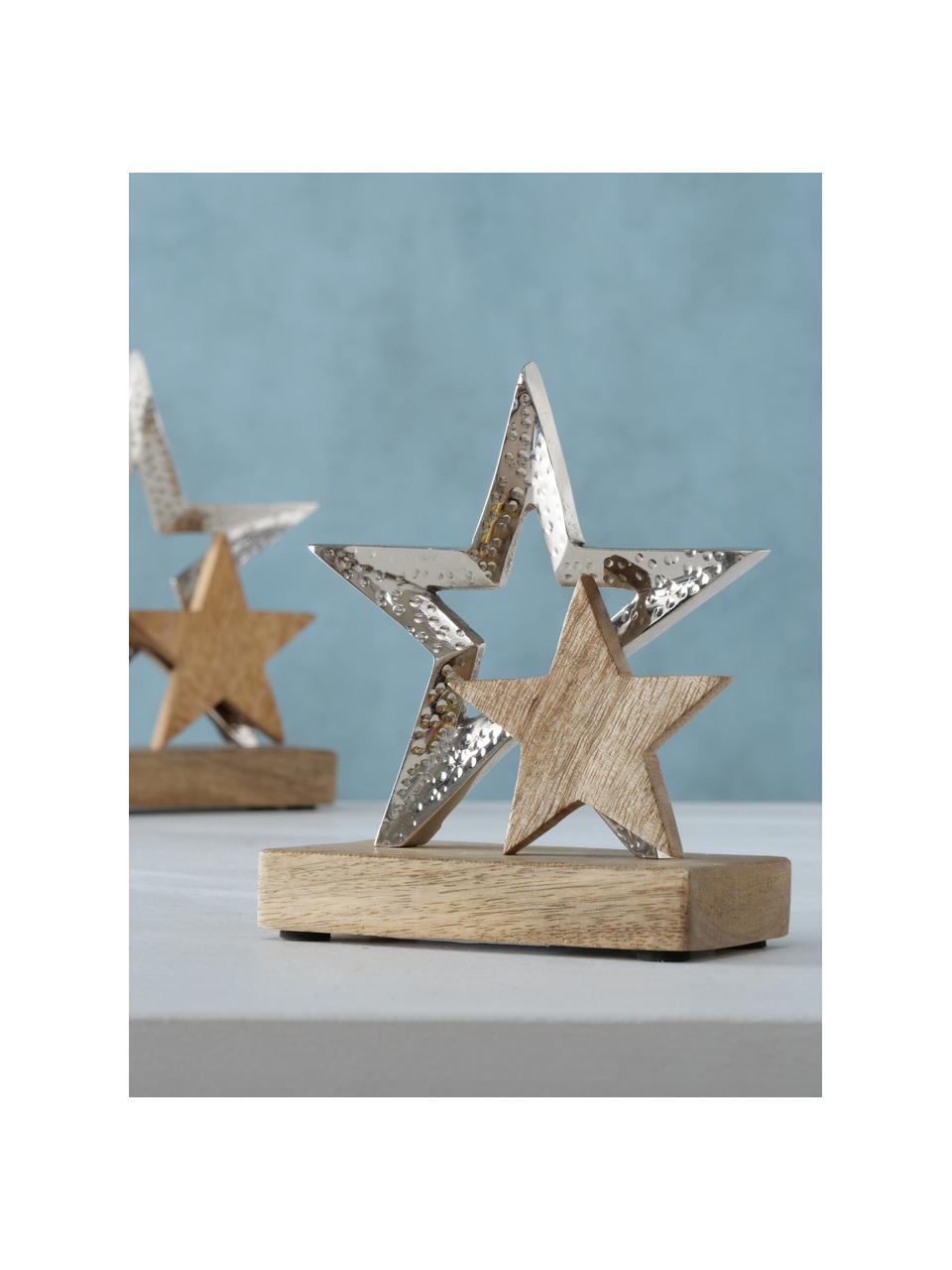 Decoratieve sterren Banja, 2 stuks, Voetstuk: hout, Zilverkleurig, beige, Set met verschillende formaten