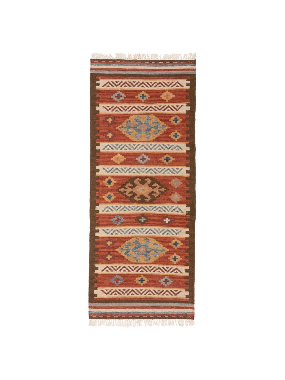 Ręcznie tkany chodnik kilim z wełny Zohra, Czerwony, wielobarwny, S 80 x D 200 cm