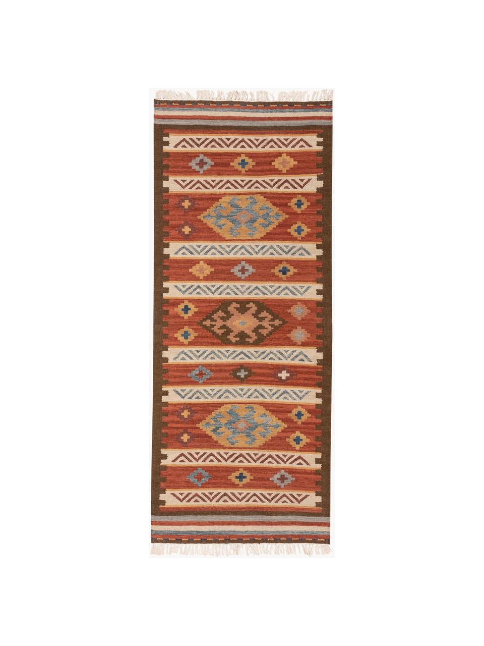 Ręcznie tkany chodnik kilim z wełny Zohra, Odcienie czerwonego, S 80 x D 200 cm