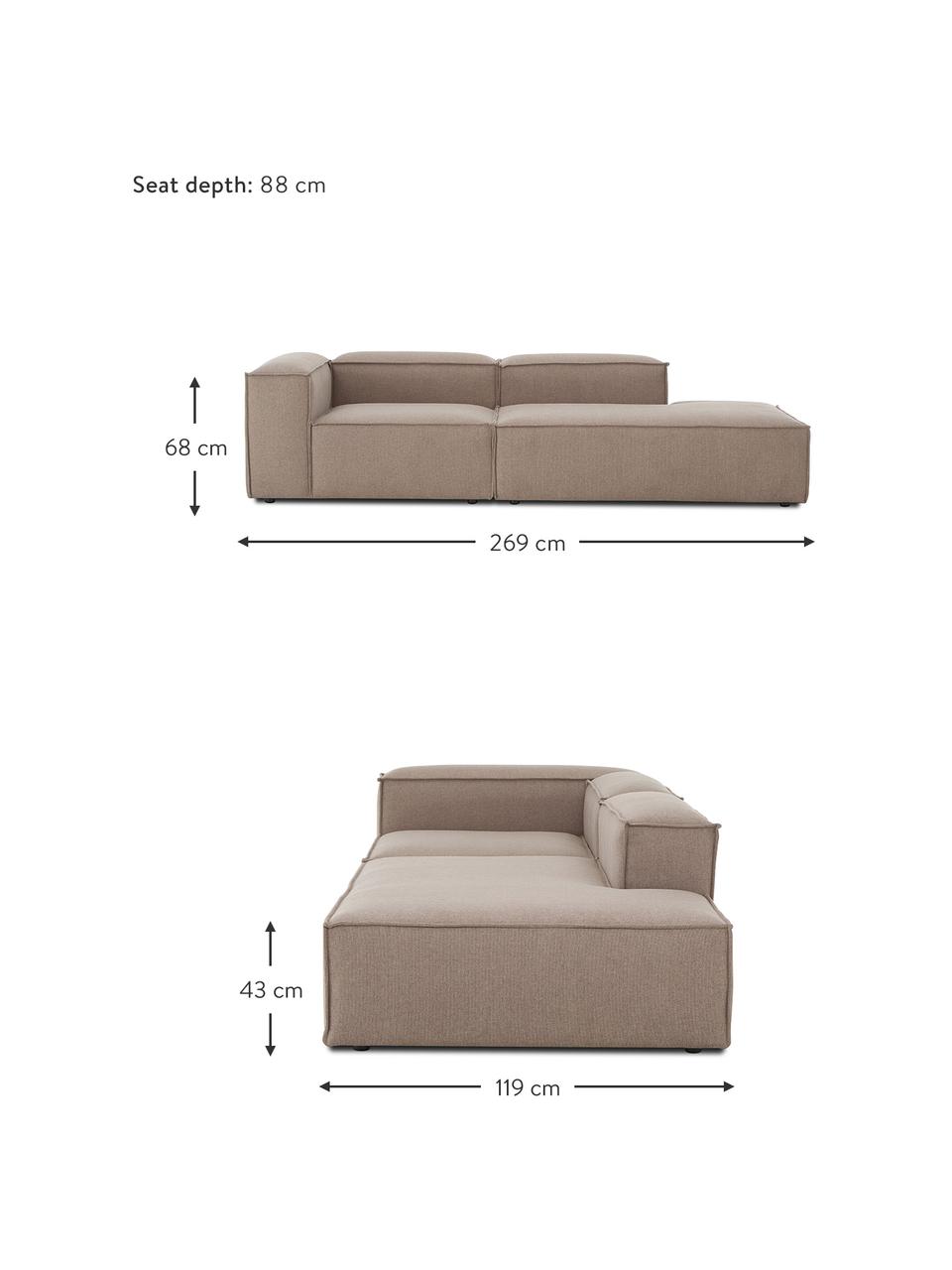 Modulaire chaise longue Lennon, Bekleding: 100% polyester De slijtva, Frame: massief grenenhout, FSC-g, Poten: kunststof, Geweven stof bruin, B 269 x D 119 cm, rugleuning links