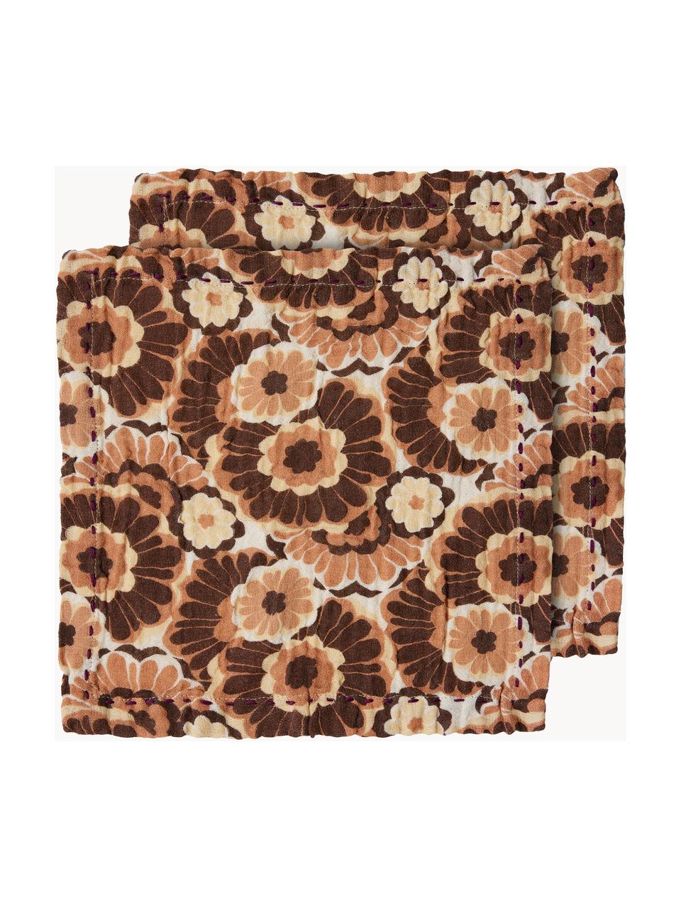 Servietten Floral, 2 Stück, 100 % Baumwolle, Braun, Orangetöne, Weiß, B 30 x L 30 cm