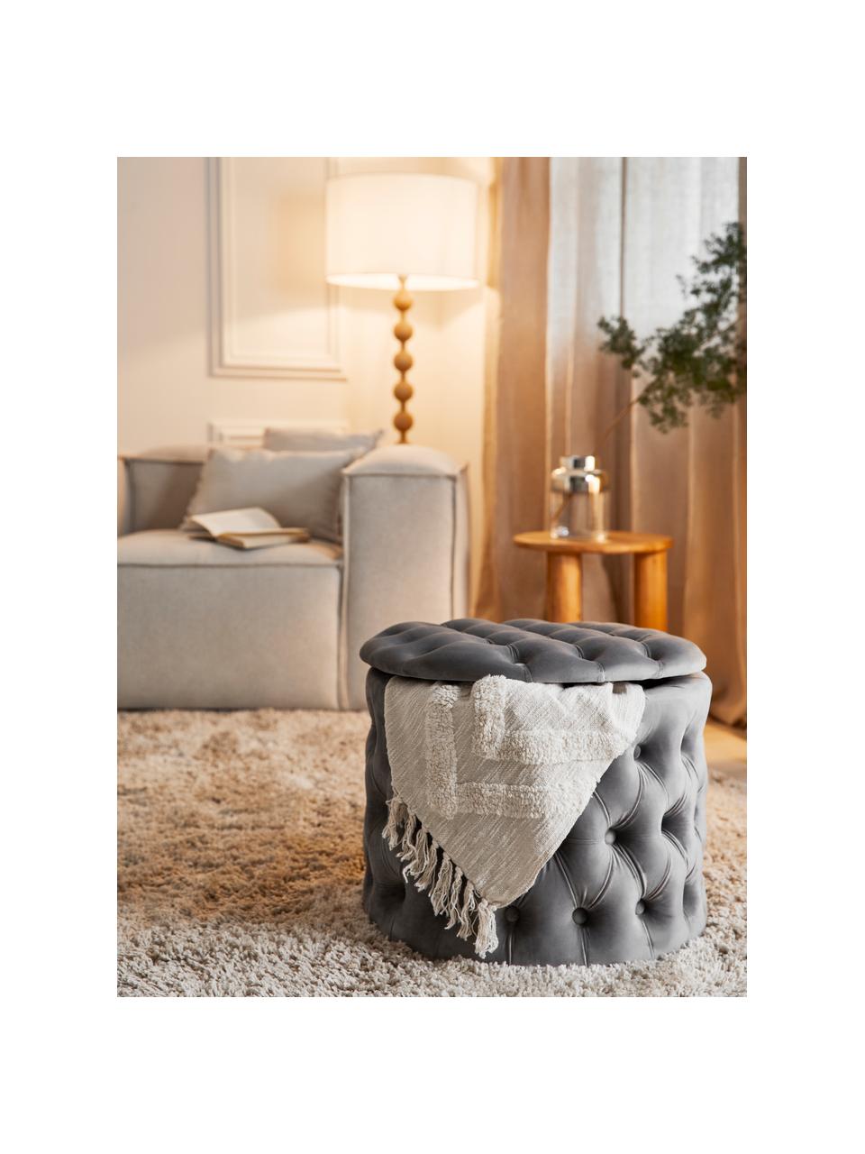 Puf de terciopelo Chiara, con espacio de almacenamiento, Tapizado: terciopelo (poliéster) Al, Estructura: madera de eucalipto, Gris oscuro, Ø 50 x Al 42 cm
