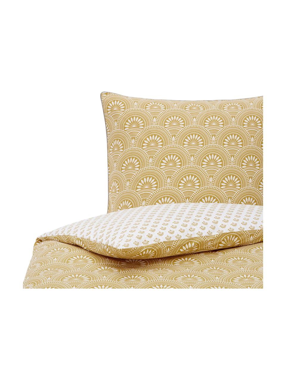 Vzorované oboustranné povlečení z organické bavlny Tiara, Žlutá, bílá, 200 x 200 cm + 2 polštáře 80 x 80 cm