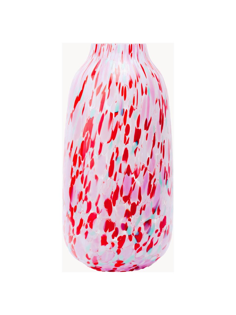 Handgefertigte Vase Confetti, H 26 cm, Glas, Rosatöne, Rot, Hellblau, Ø 13 x H 26 cm