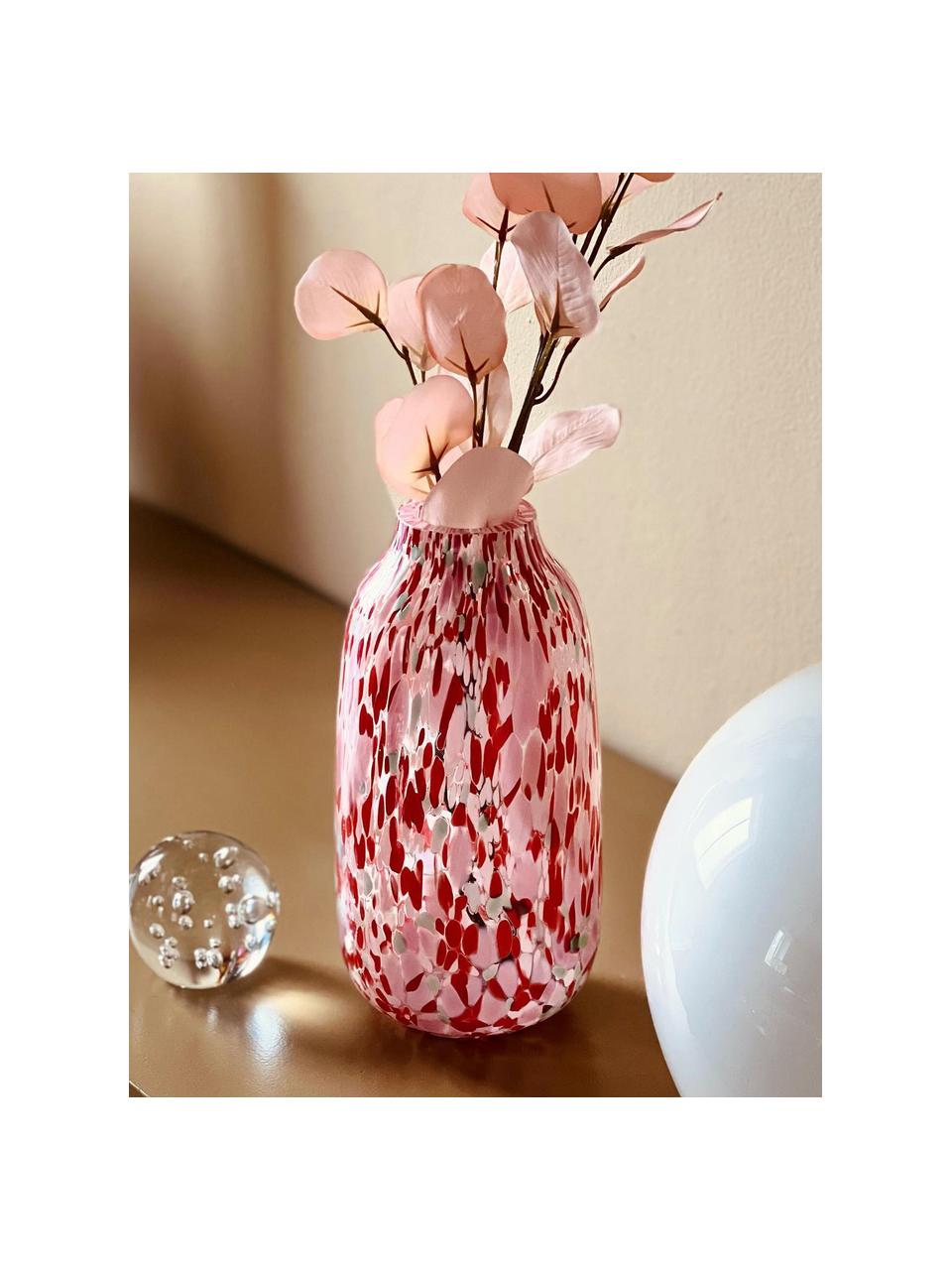 Handgefertigte Vase Confetti, H 26 cm, Glas, Rosatöne, Rot, Hellblau, Ø 13 x H 26 cm