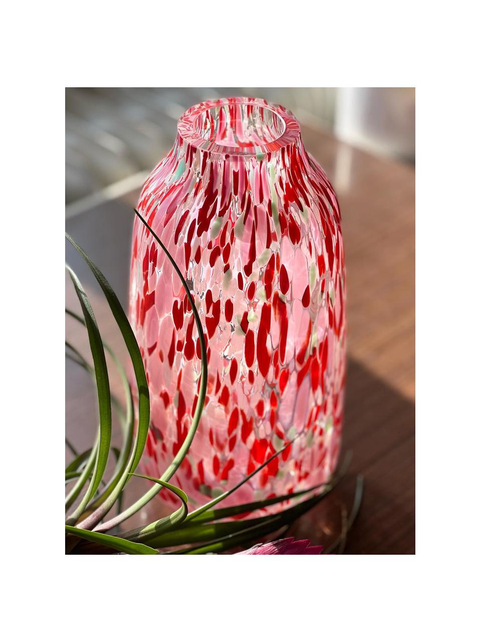 Handgefertigte Vase Confetti, H 26 cm, Glas, Rosatöne, Rot, Hellblau, Ø 13 x H 26 cm
