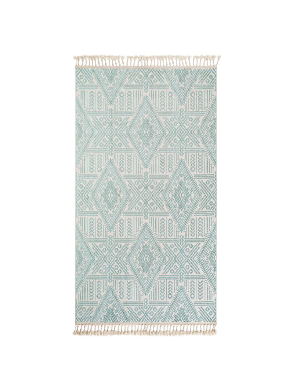 Vloerkleed Laila Tang met hoog-diep effect in turquoise en crèmekleurig, Bovenzijde: polyester, Onderzijde: katoen, Crèmekleurig, turquoise, 230 x 340 cm