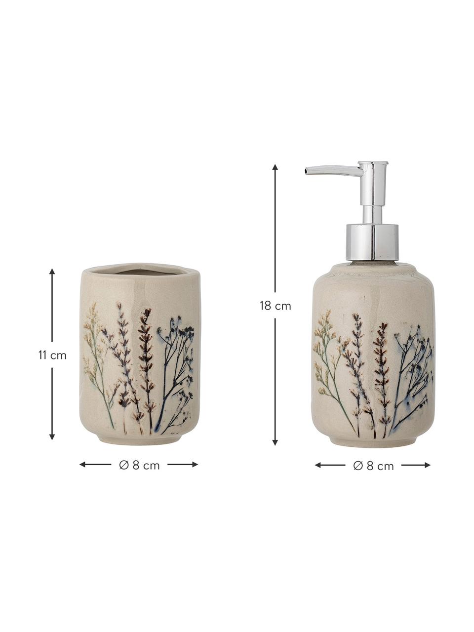Handgemaakt badkameraccessoireset Bea met grasmotief, 2-delig, Pompje: kunststof, Beige, zilverkleurig, Set met verschillende formaten