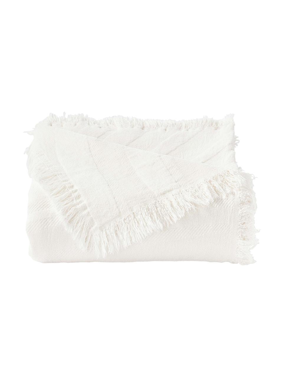 Coperta in cotone strutturato con frange Wavery, 100% cotone, Bianco crema, Larg. 130 x Lung. 170 cm