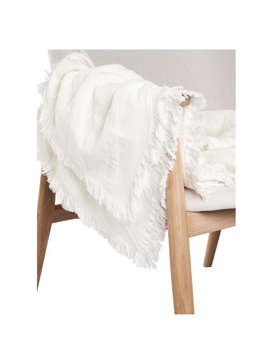 Manta de agodón texturizado con flecos Wavery, 100% algodón, Blanco crema, An 130 x L 170 cm
