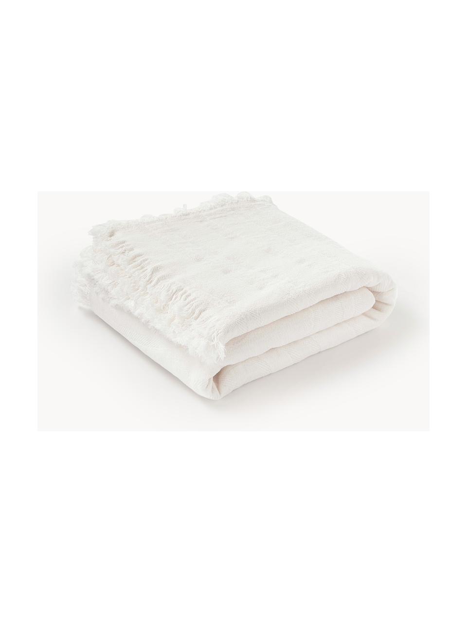 Strukturierte Baumwolldecke Wavery mit Fransen, 100 % Baumwolle, Weiß, B 130 x L 170 cm