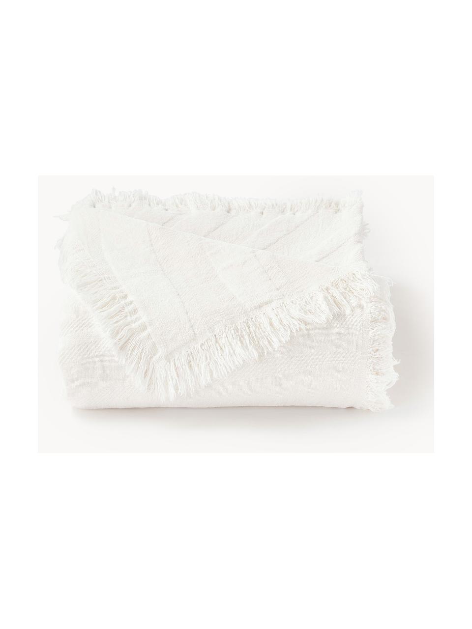 Plaid en coton texturé à franges Wavery, 100 % coton, Blanc, larg. 130 x long. 170 cm