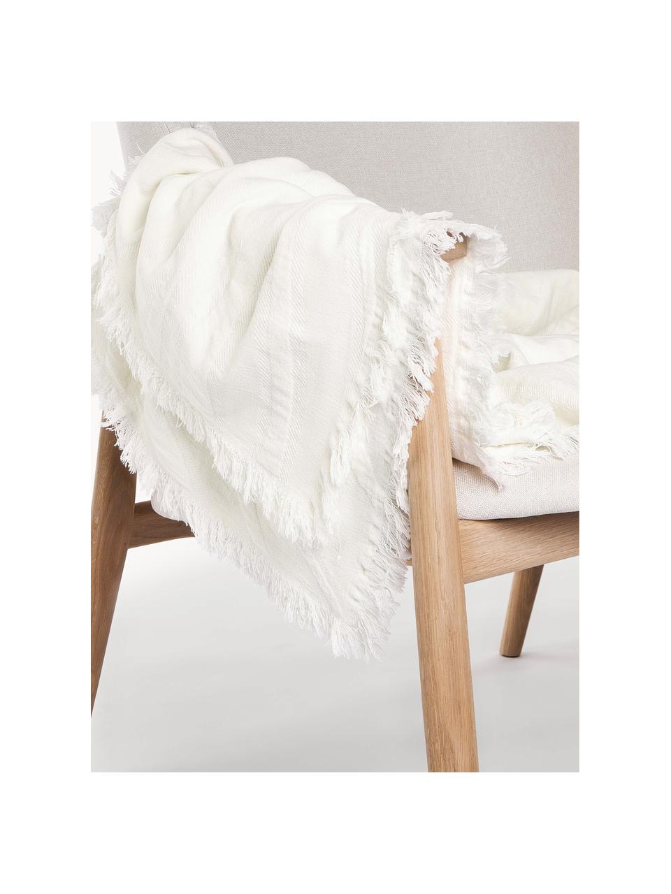 Koc z bawełny z frędzlami Wavery, 100% bawełna, Biały, S 130 x D 170 cm