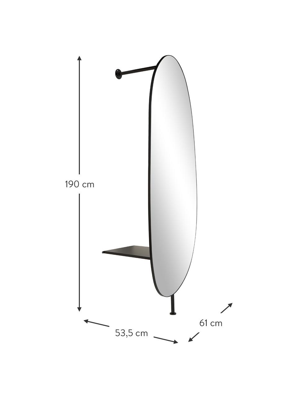 Stojací zrcadlo s připevňovací konstrukcí s police z kovu Ophelia, Černá, Š 54 cm, V 190 cm