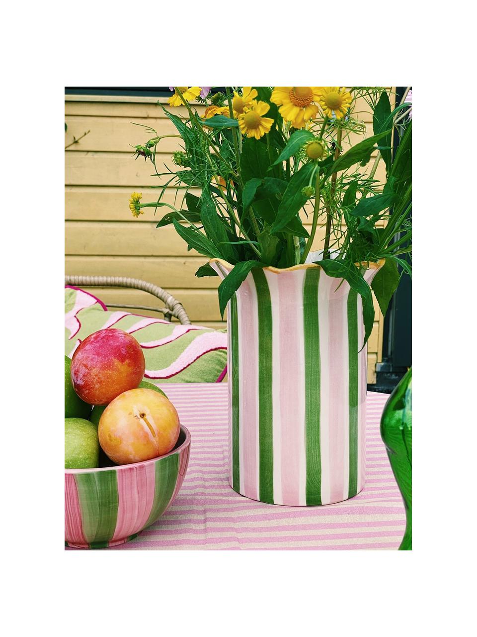 Ręcznie wykonany wazon Ribbon, W 21 cm, Kamionka, Jasny różowy, zielony, Ø 16 x W 21 cm