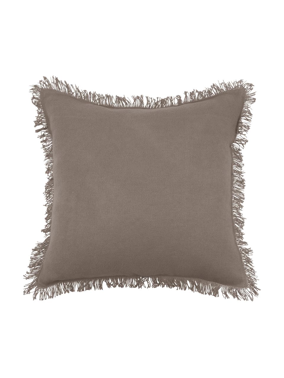 Kissen Prague in Taupe mit Fransenabschluss, mit Inlett, Vorderseite: 100% Baumwolle, grob gewe, Rückseite: 100% Baumwolle, Taupe, 40 x 40 cm