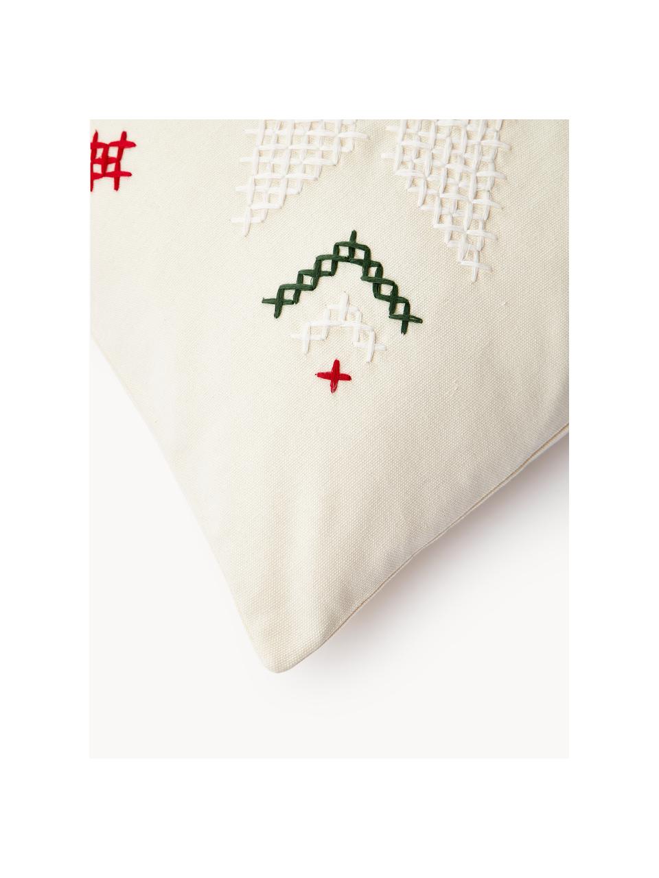 Vyšívaný povlak na polštář s vánočním vzorem Rebeca, 100 % bavlna, Tlumeně bílá, červená, tmavě zelená, Š 45 cm, D 45 cm