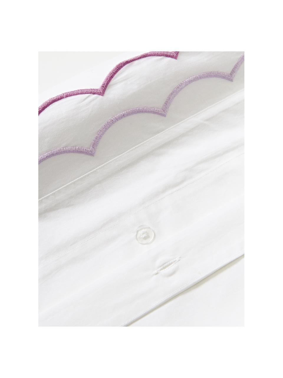 Housse de couette en coton avec volant ondulé Atina, Blanc, lavande, larg. 140 x long. 200 cm