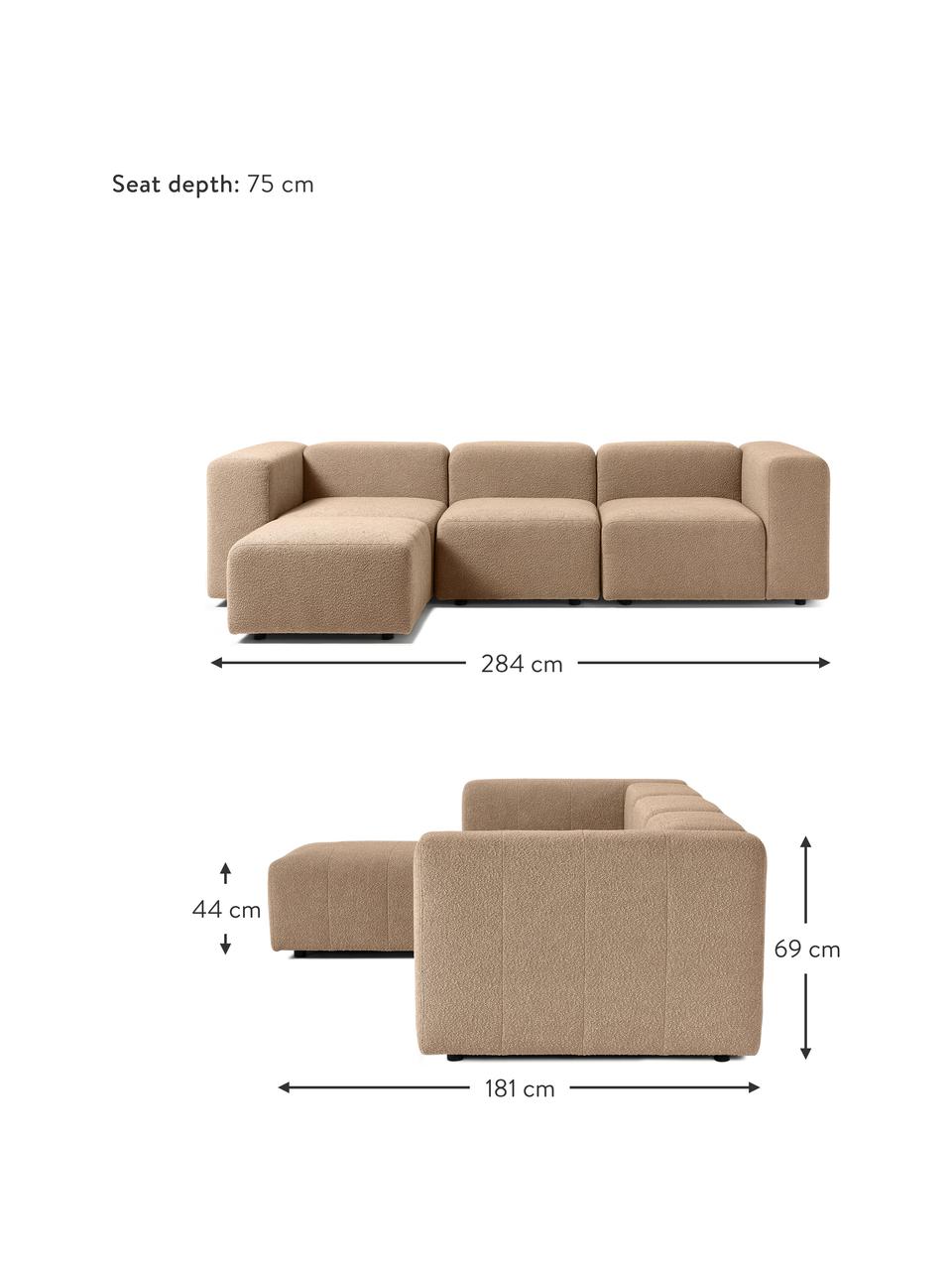 Sofa modułowa bouclé z pufem Lena (4-osobowa), Tapicerka: bouclé (93% poliester, 6%, Stelaż: drewno sosnowe, sklejka, , Nogi: tworzywo sztuczne, Piaskowy bouclé, S 284 x G 181 cm