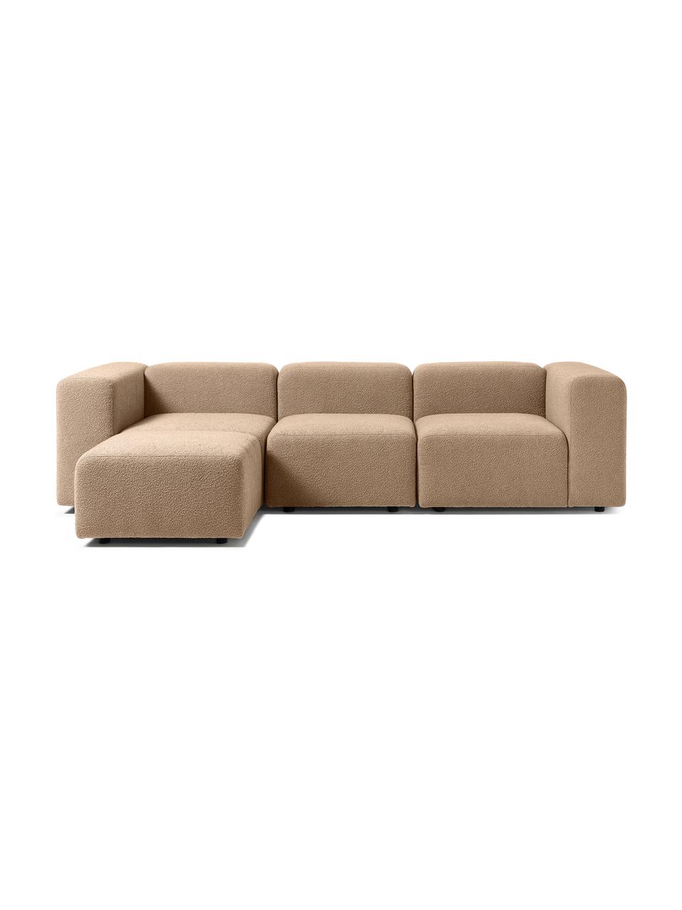 Modulares Bouclé-Sofa Lena (4-Sitzer) mit Hocker, Bezug: Bouclé (93 % Polyester, 6, Gestell: Kiefernholz, Schichtholz,, Füße: Kunststoff, Bouclé Sandfarben, B 284 x T 181 cm