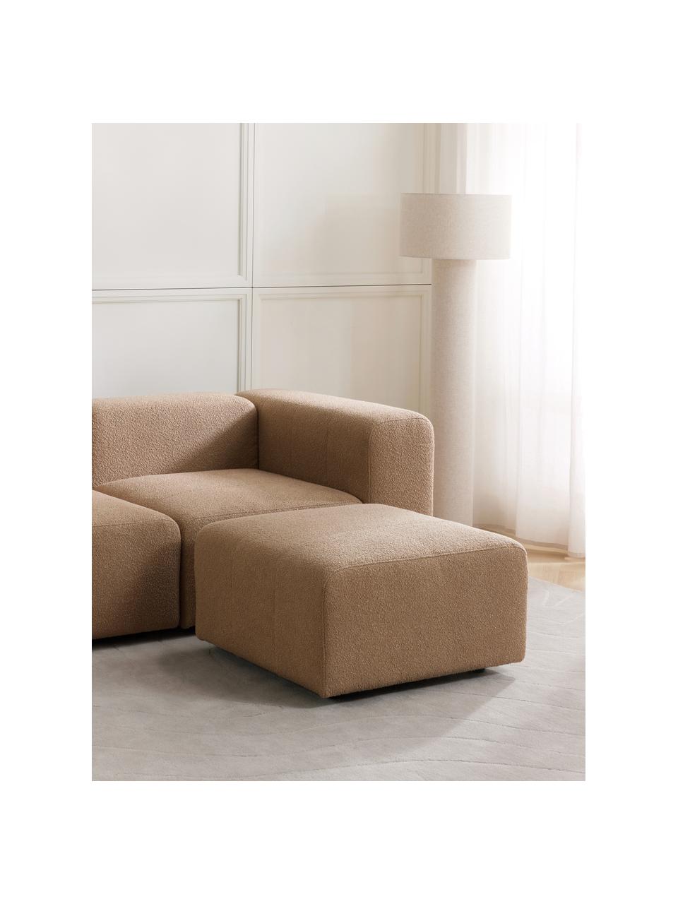 Modulaire bouclé bank Lena (4-zits) met kruk, Bekleding: bouclé (93% polyester, 6%, Frame: grenenhout, multiplex, ha, Poten: kunststof, Bouclé zandkleurig, B 284 x D 181 cm