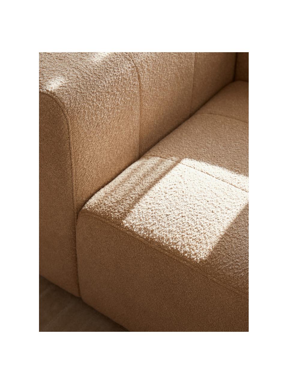 Divano componibile 4 posti in bouclé con poggiapiedi Lena, Rivestimento: bouclé (93% poliestere, 6, Struttura: legno di pino, compensato, Piedini: plastica, Bouclé marrone chiaro, Larg. 284 x Prof. 181 cm