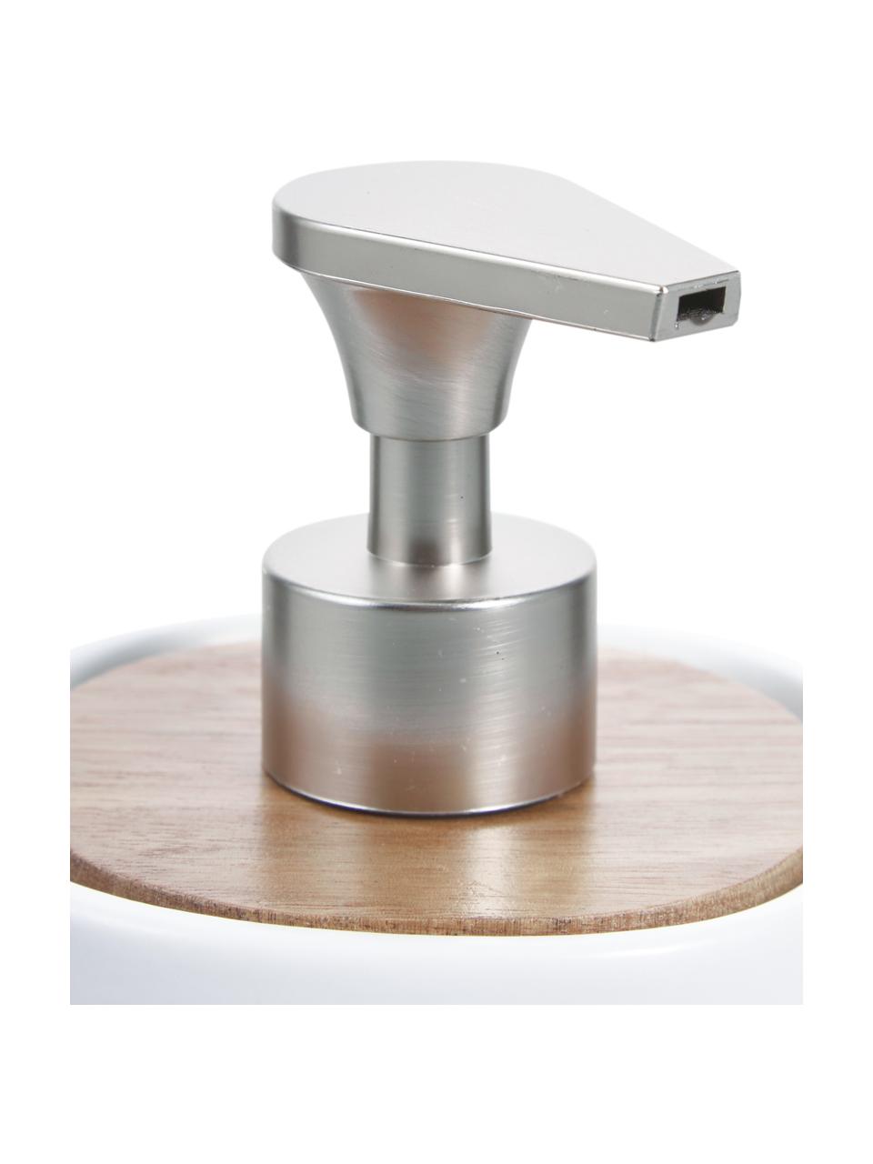 Dosatore di sapone Wili, Contenitore: ceramica, Coperchio: legno d'acacia, Testa della pompa: materiale sintetico, Bianco, legno d'acacia, Ø 10 x Alt. 14 cm