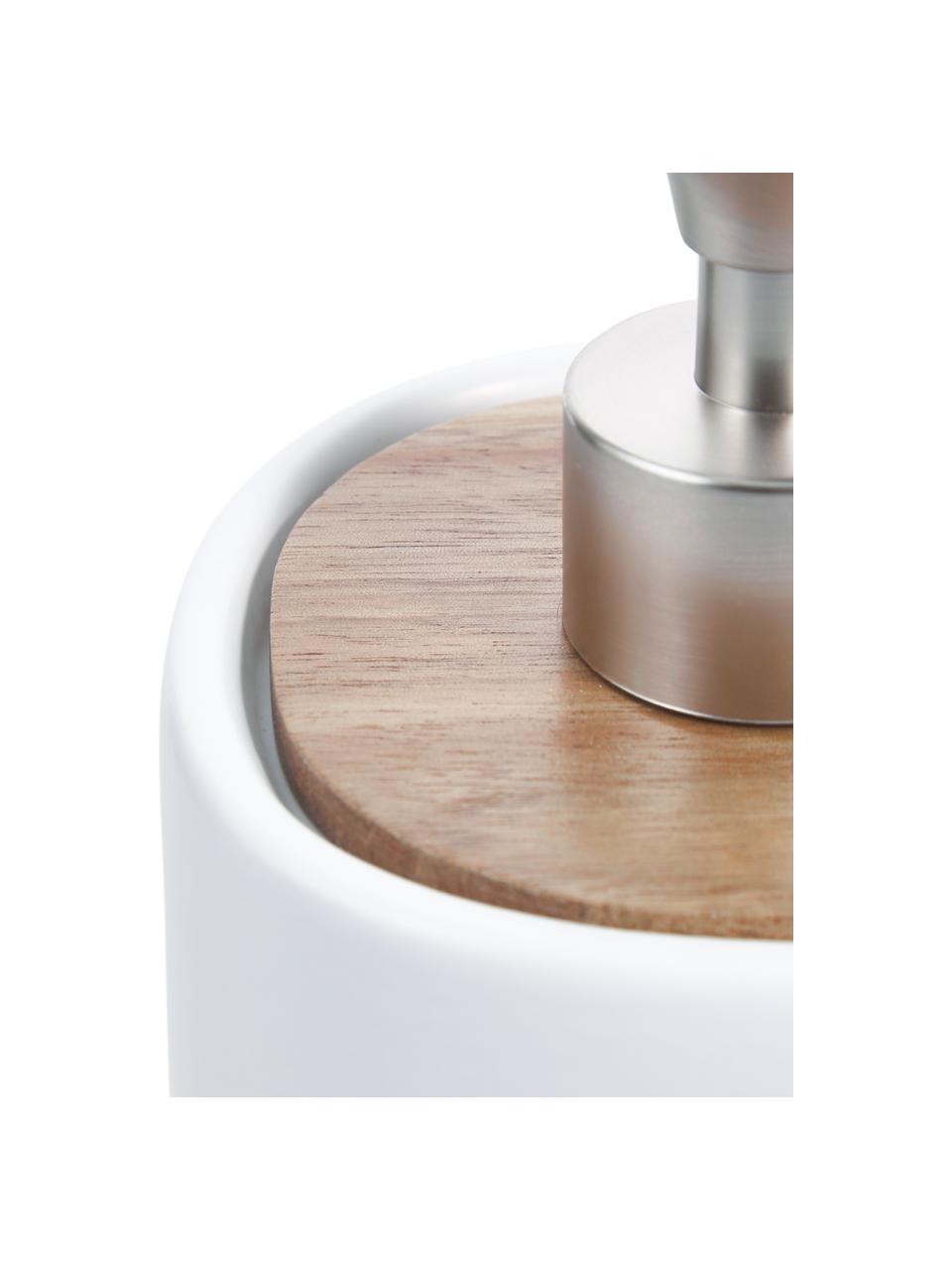 Dosatore di sapone Wili, Contenitore: ceramica, Coperchio: legno d'acacia, Testa della pompa: materiale sintetico, Bianco, legno d'acacia, Ø 10 x Alt. 14 cm