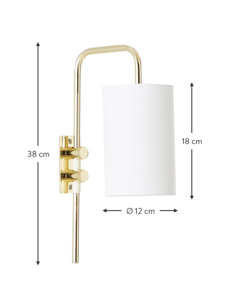 Applique con spina Isa, Paralume: miscela di cotone, Struttura: metallo, Base della lampada: dorato, lucido Paralume: bianco, Prof. 21 x Alt. 38 cm