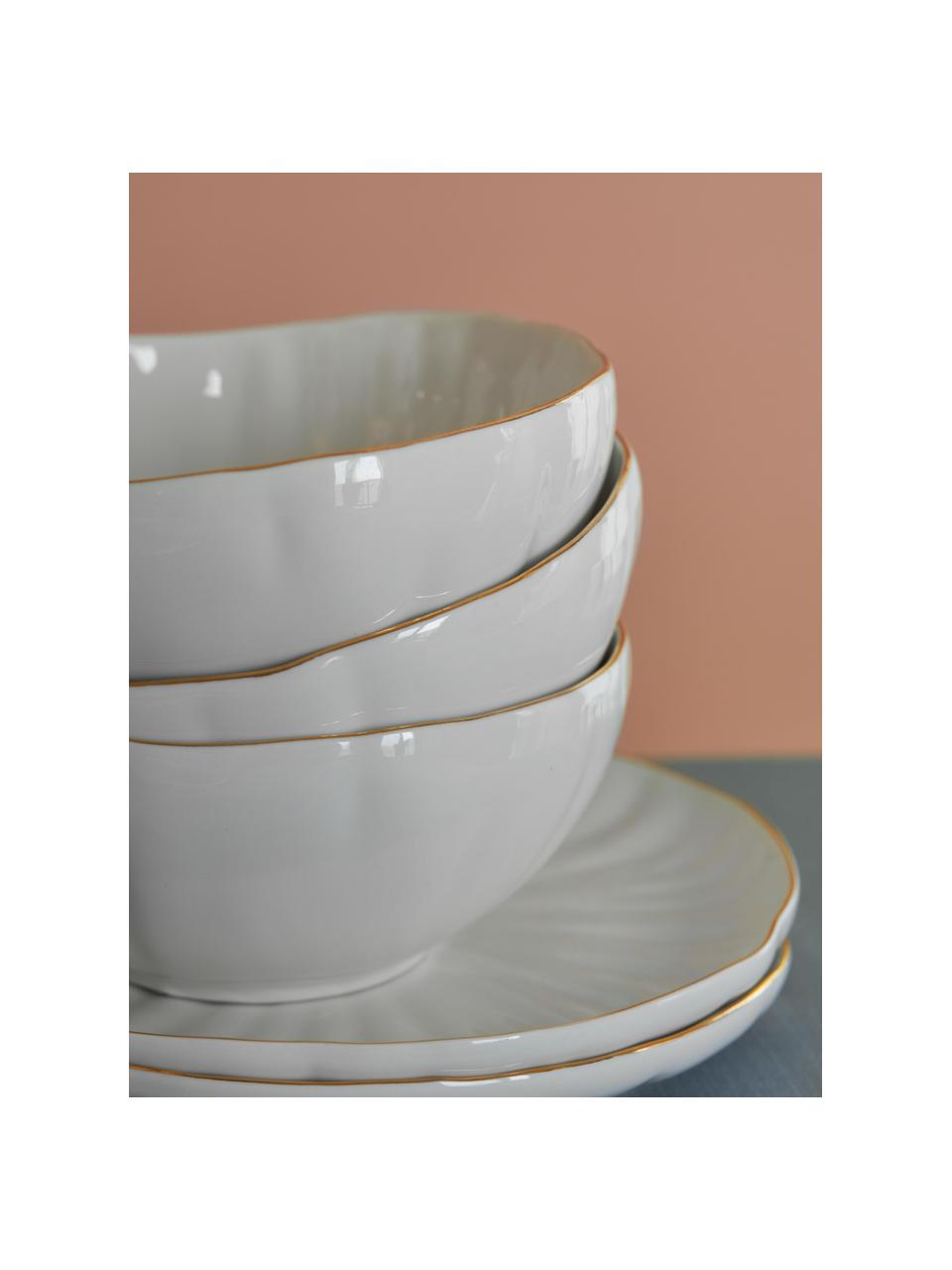 Cuencos con relieves Sali, 2 uds., Porcelana esmaltado, Blanco con borde dorado, Ø 17 x Al 8 cm