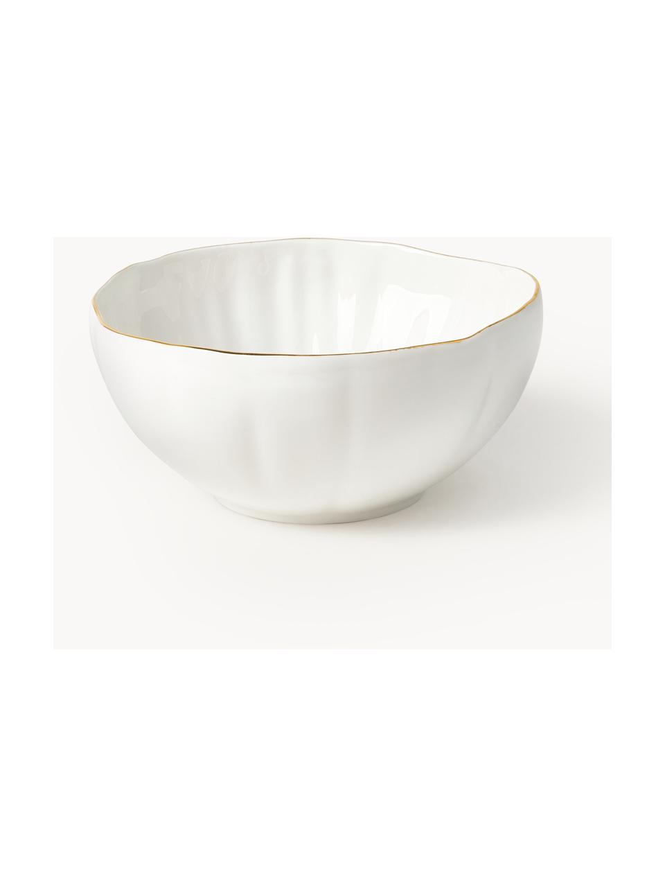 Cuencos con relieves Sali, 2 uds., Porcelana esmaltado, Blanco con borde dorado, Ø 17 x Al 8 cm