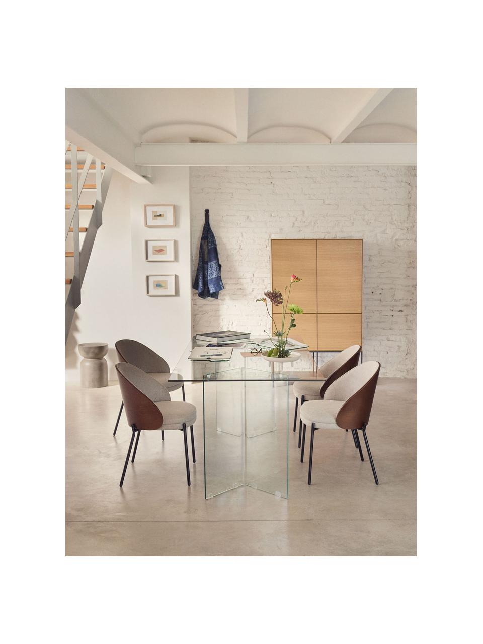 Chenille gestoffeerde stoel Eamy, Bekleding: fluweel (100% polyester) , Poten: gegalvaniseerd metaal, Fluweel beige, zwart, B 55 x D 53 cm