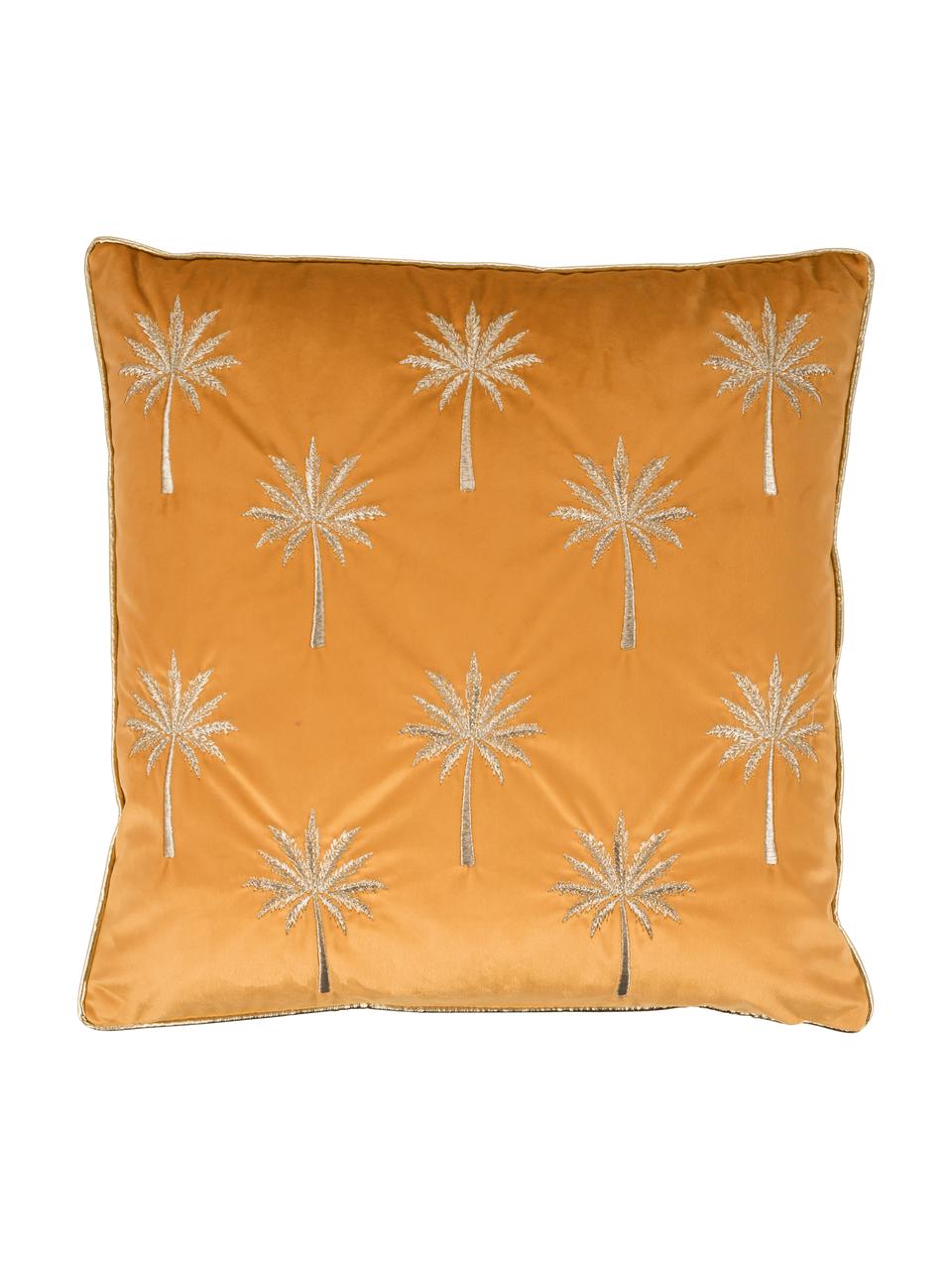 Geborduurde fluwelen kussenhoes Palms met bies, 100% fluweel (polyester), Oranje-geel, goudkleurig, 45 x 45 cm