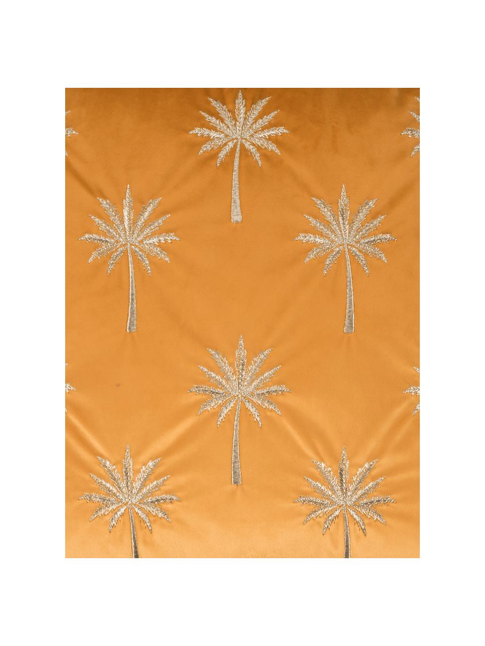 Bestickte Samt-Kissenhülle Palms mit Keder, 100% Samt (Polyester), Orangegelb, Goldfarben, 45 x 45 cm
