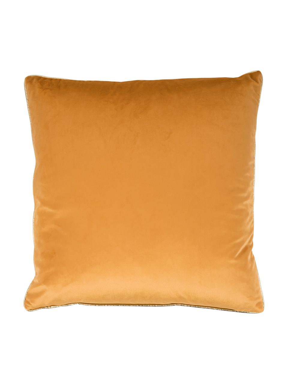 Geborduurde fluwelen kussenhoes Palms met bies, 100% fluweel (polyester), Oranje-geel, goudkleurig, 45 x 45 cm