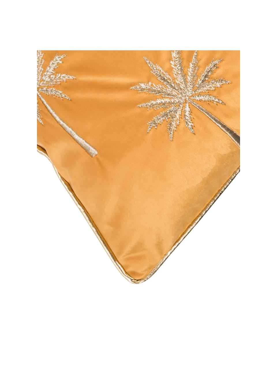 Geborduurde fluwelen kussenhoes Palms met bies, 100% fluweel (polyester), Oranje-geel, goudkleurig, 45 x 45 cm