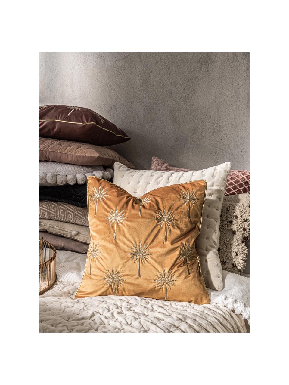 Bestickte Samt-Kissenhülle Palms mit Keder, 100% Samt (Polyester), Orangegelb, Goldfarben, 45 x 45 cm