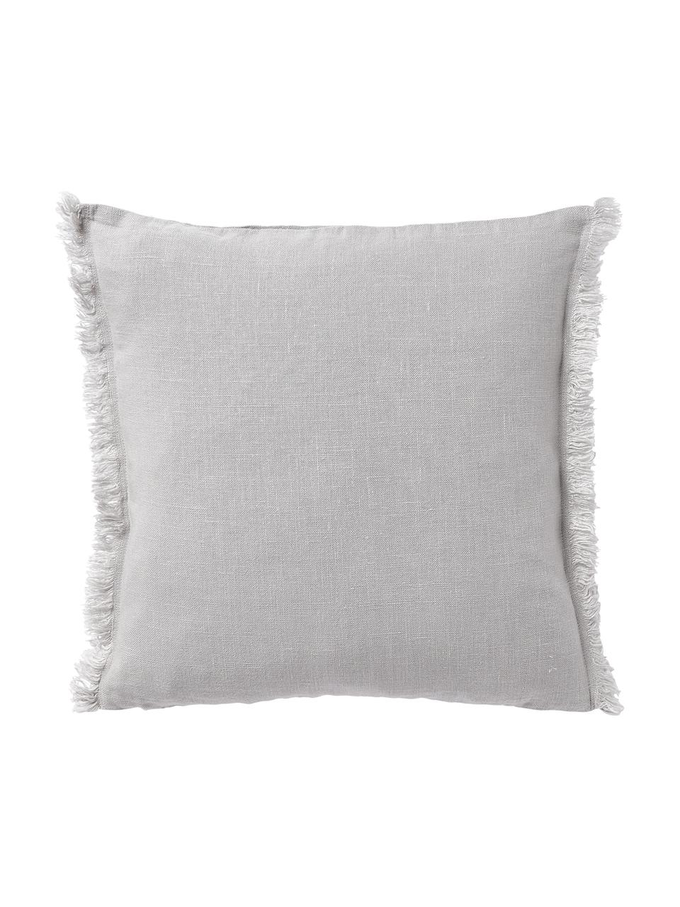Funda de cojín de lino con flecos Luana, 100% lino

Por naturaleza, el lino tiene un tacto bastante aspero y un aspecto arrugado natural
La alta resistencia al desgarro hace que el lino sea muy resistente., Gris claro, An 50 x L 50 cm