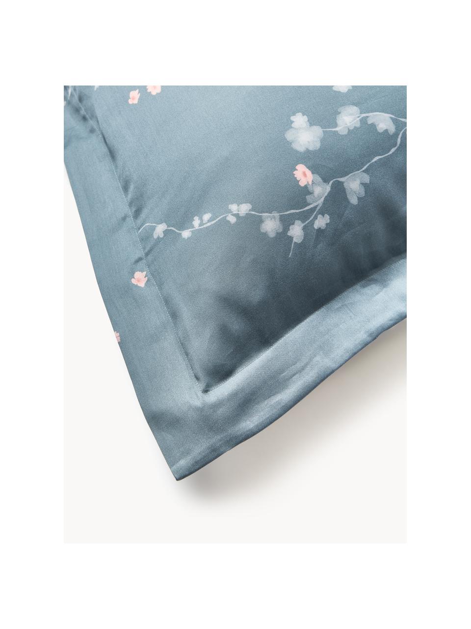 Funda nórdica de satén con estampado floral Sakura, Azul, rosa claro, blanco, Cama 180/200 cm (260 x 240 cm)