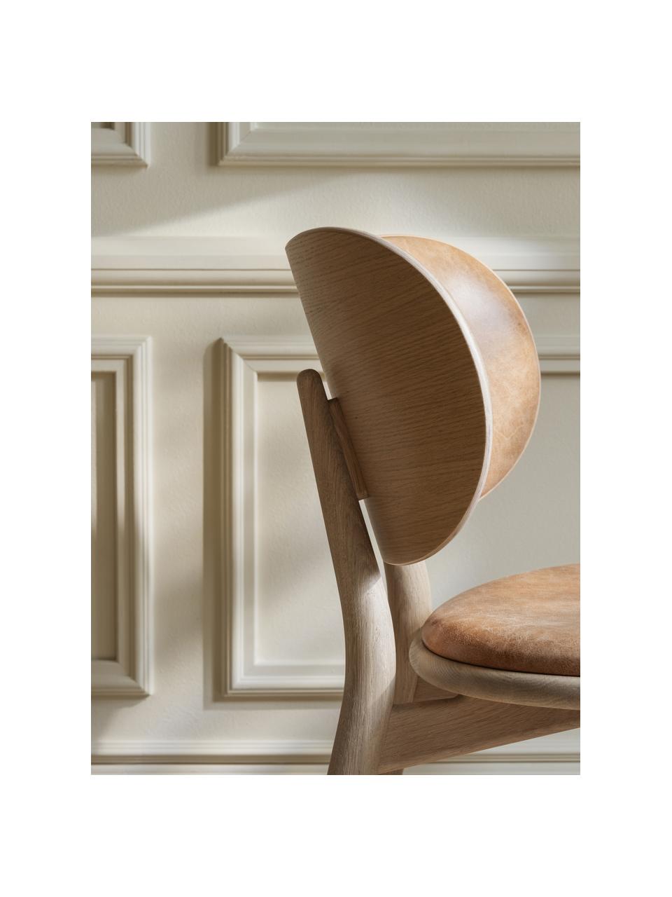 Sedia in pelle con gambe in legno Rock, fatta a mano, Struttura: legno di quercia Questo p, Pelle beige, legno di quercia chiaro, Larg. 52 x Prof. 44 cm