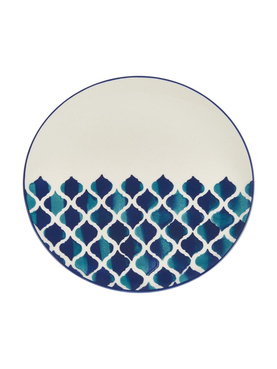 Platos llanos artesanales Ikat, 6 uds., Cerámica, Blanco, azul, Ø 26 cm