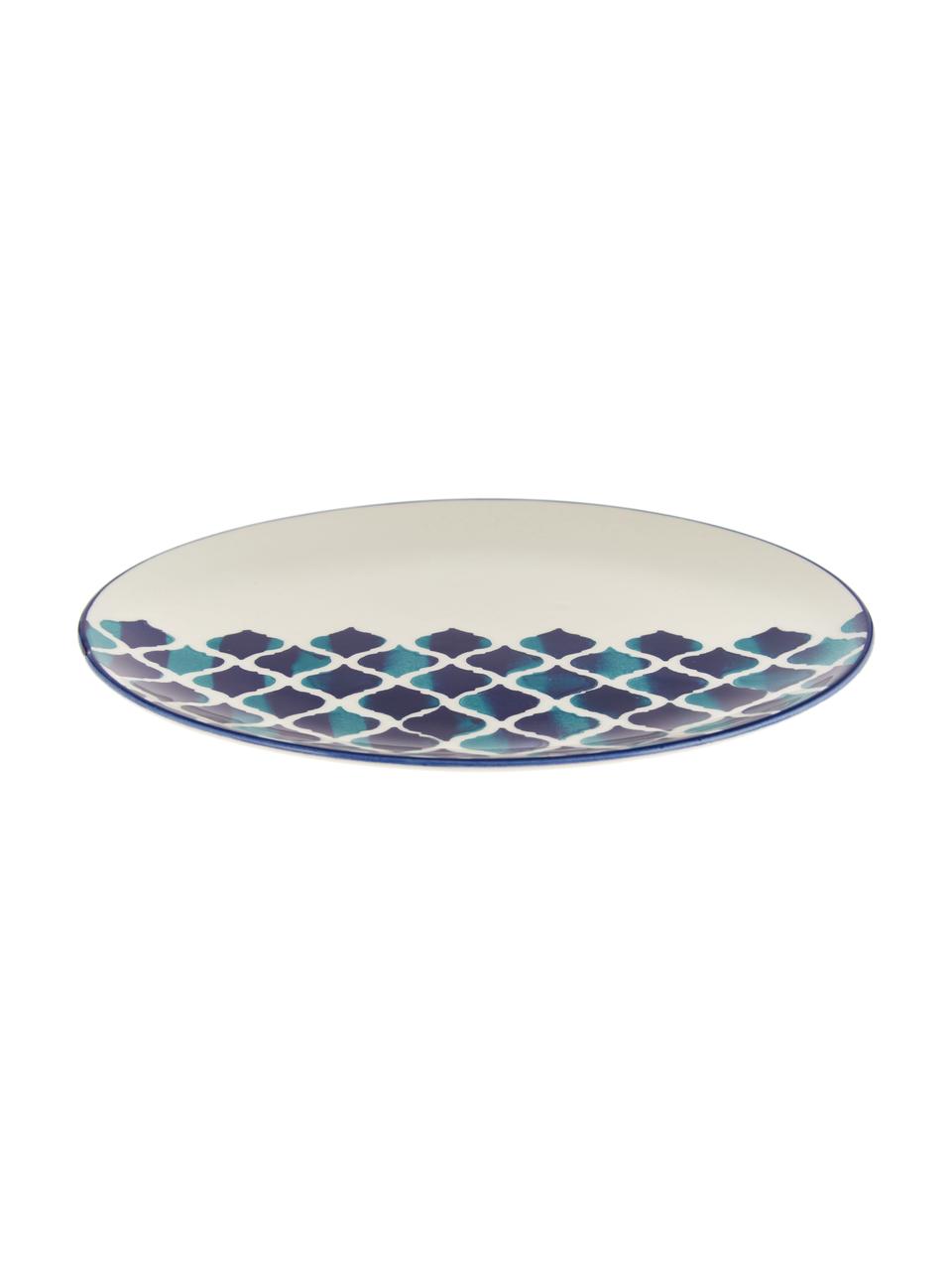 Platos llanos artesanales Ikat, 6 uds., Cerámica, Blanco, azul, Ø 26 cm