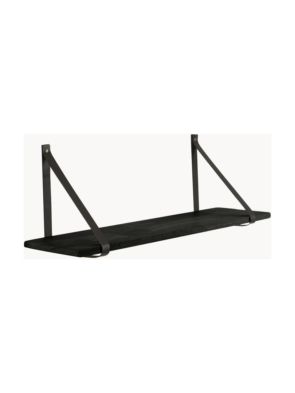 Wandrek Forno met leren riemen, Plank: gelakt rubberhout, Riemen: leer, Rubberhout, zwart gelakt, B 80 x D 20 cm