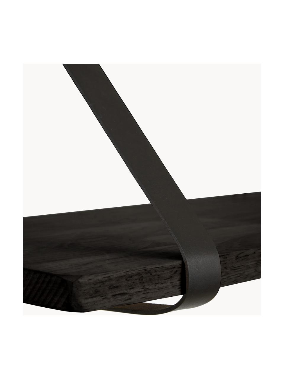 Wandrek Forno met leren riemen, Plank: gelakt rubberhout, Riemen: leer, Rubberhout, zwart gelakt, B 80 x D 20 cm