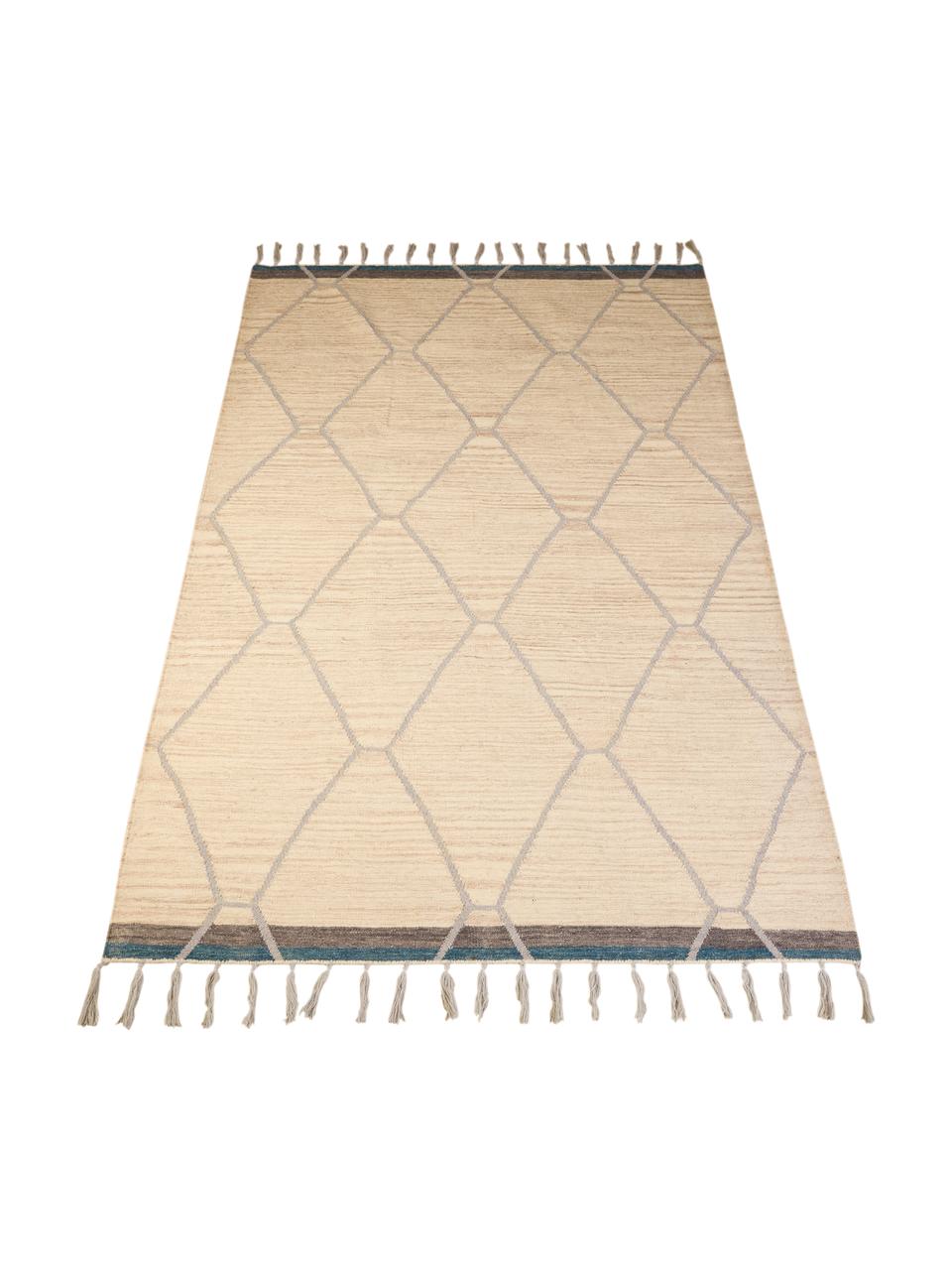 Wollen vloerkleed Jazmin met franjes en patroon, 80% wol, 20% katoen, Beige, grijs, blauw, B 160 x L 220 cm (maat M)