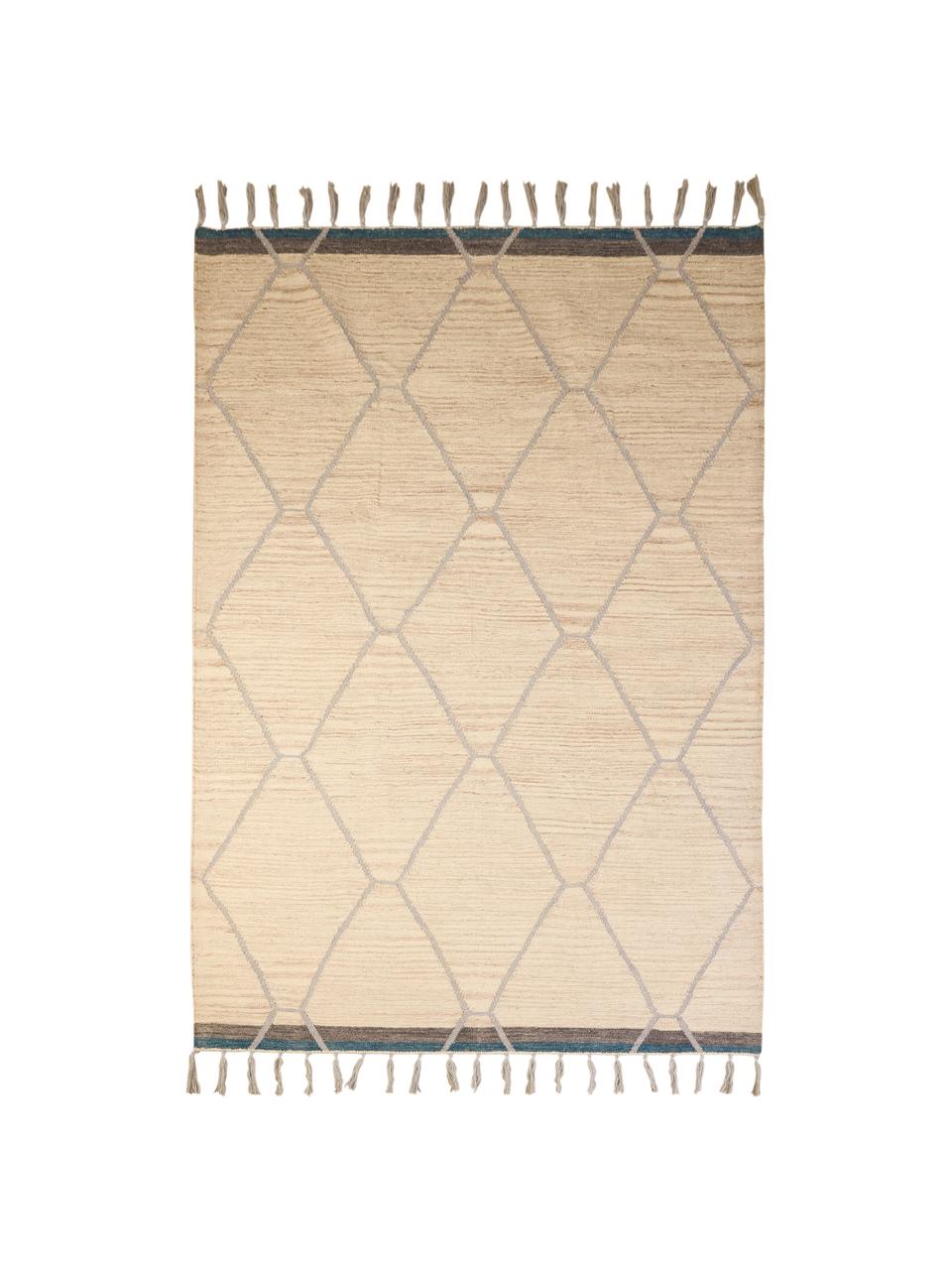 Wollteppich Jazmin mit Fransenabschluss und Muster, 80% Wolle, 20% Baumwolle, Beige, Grau, Blau, B 160 x L 220 cm (Grösse M)