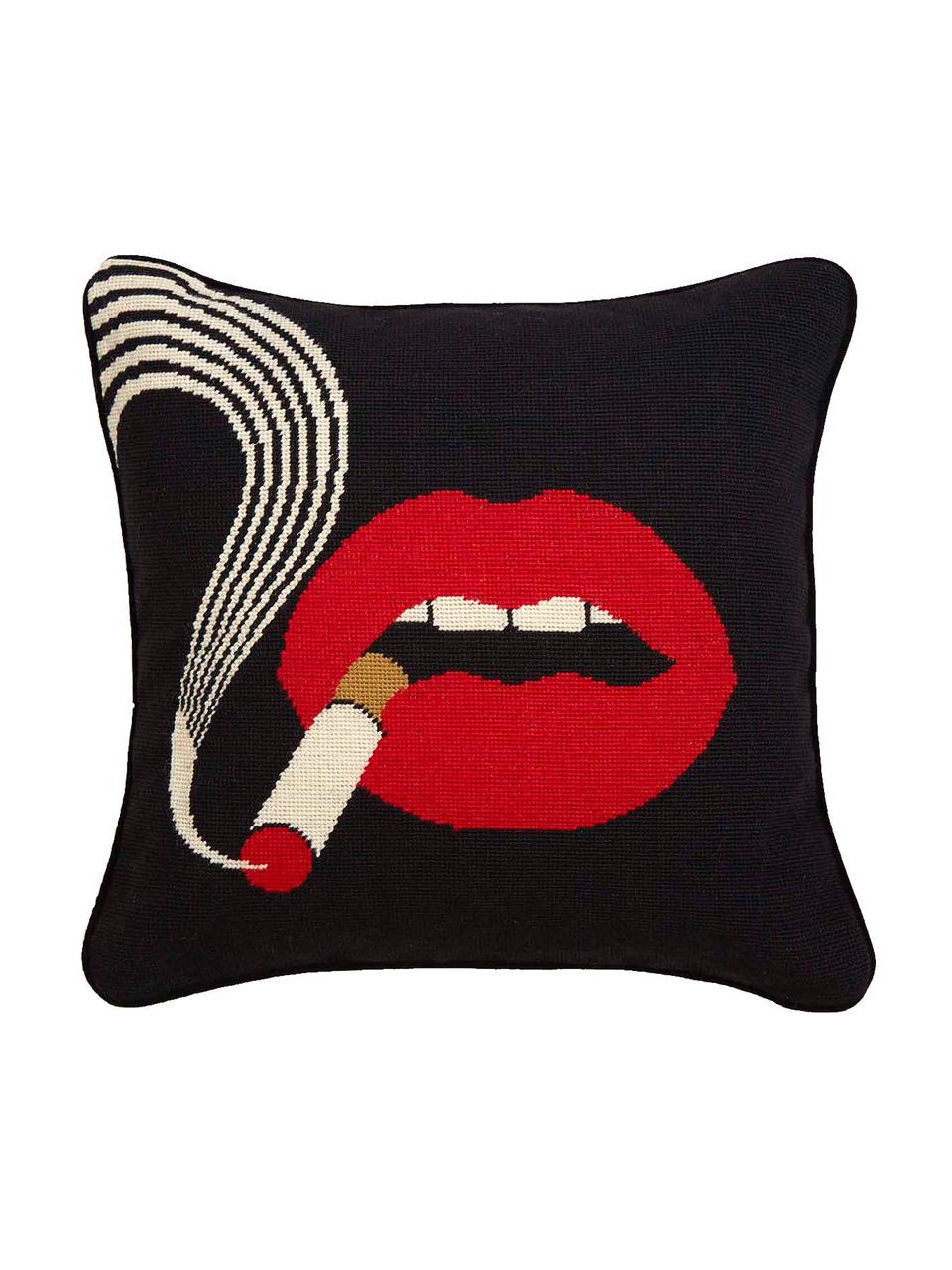 Coussin design brodé main Haze, Noir, rouge, larg. 45 x long. 45 cm