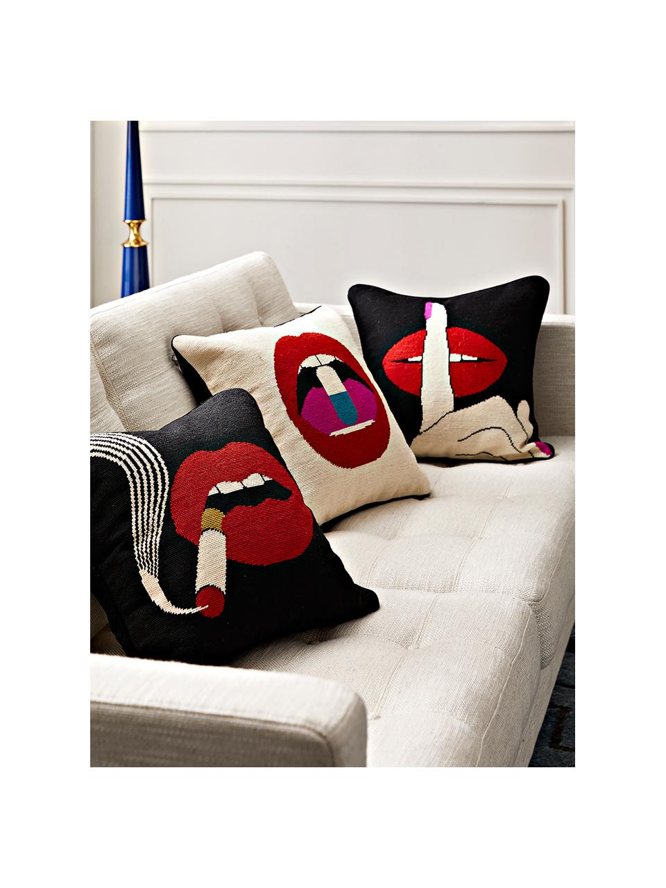 Handgeborduurd design kussen Haze, met vulling, Zwart, rood, B 45 x L 45 cm