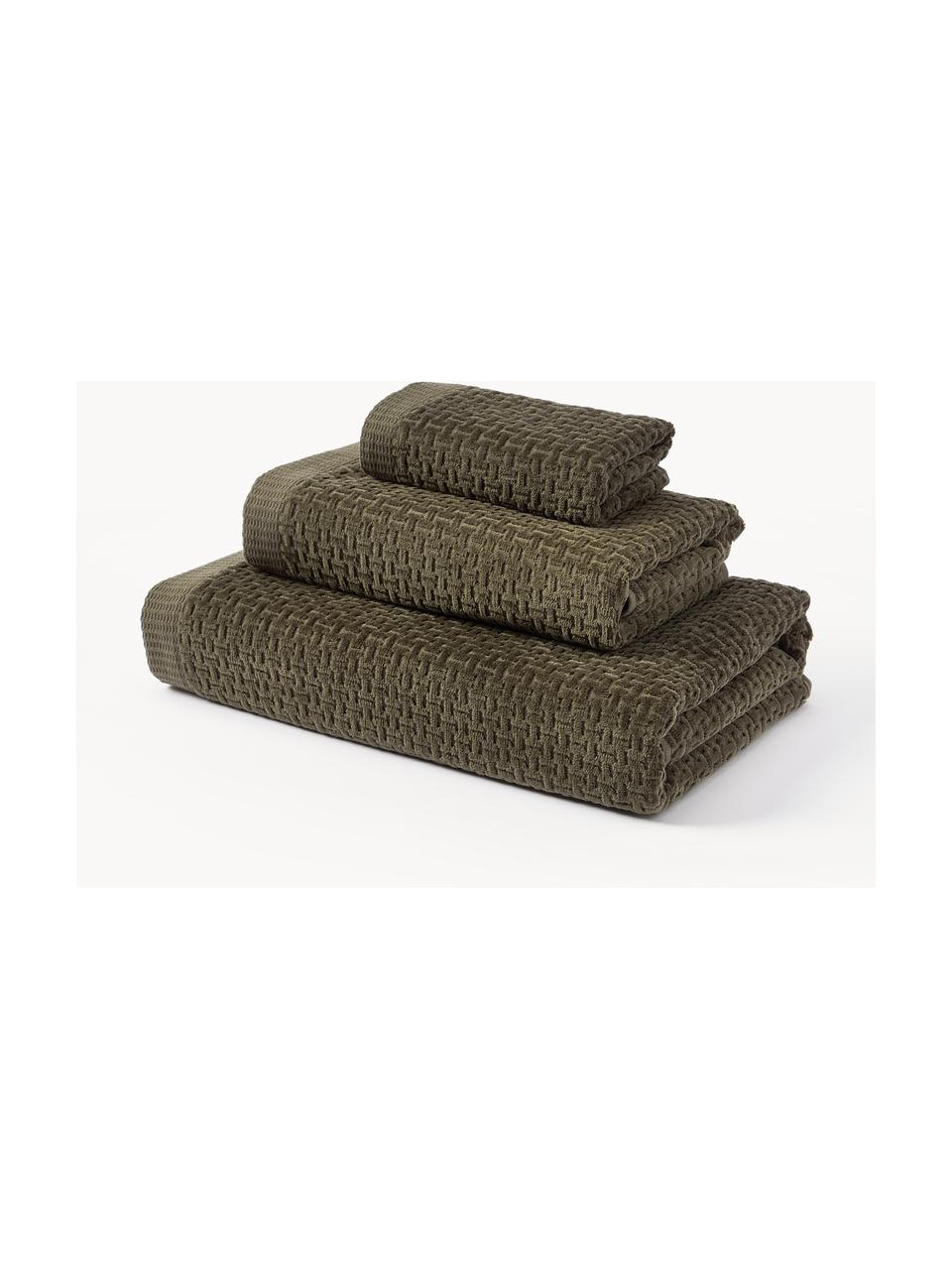 Lot de serviettes de bain Niam, 3 élém., 100 % coton
Grammage intermédiaire, 500 g/m²

Le matériau est certifié STANDARD 100 OEKO-TEX®, 8135CIT, CITEVE, Vert olive, Lot de différentes tailles (serviette invité, serviette de toilette, drap de bai